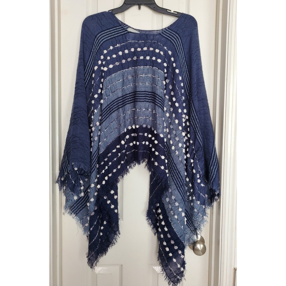 Demdaco Poncho Wrap Blue Striped Polka Dot Fringed Boho Lightweight Shawl OS